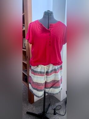Striped Drawstring Shorts in Red, White, and Blues.